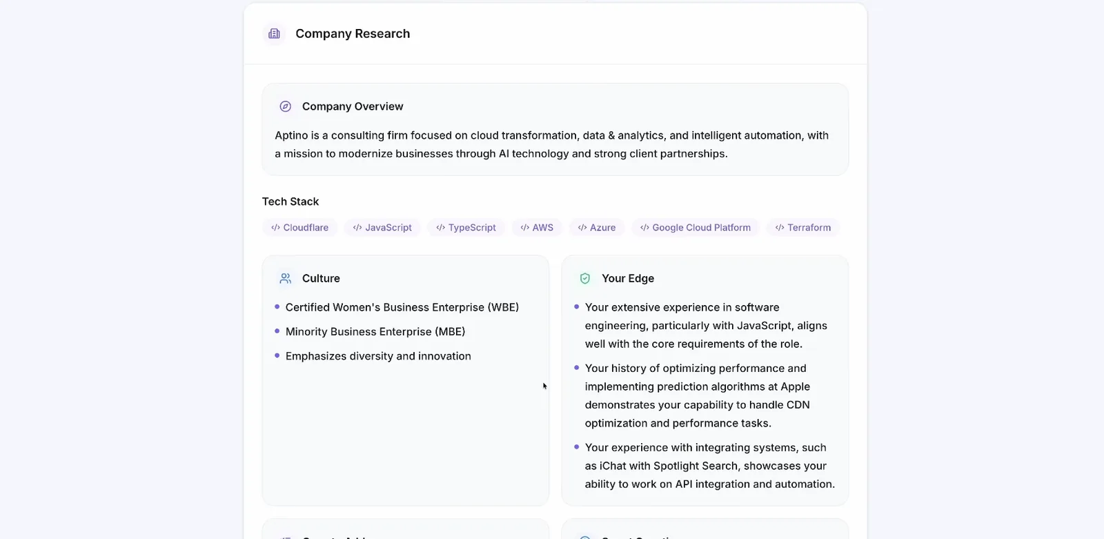 The company research panel for an employer. A company overview paragraph, a row of detected tech stack tags including Cloudflare, TypeScript, AWS, Azure, Google Cloud Platform and Terraform, then two columns: culture signals, and a Your Edge list arguing specific overlaps between the candidate's history and the role.
